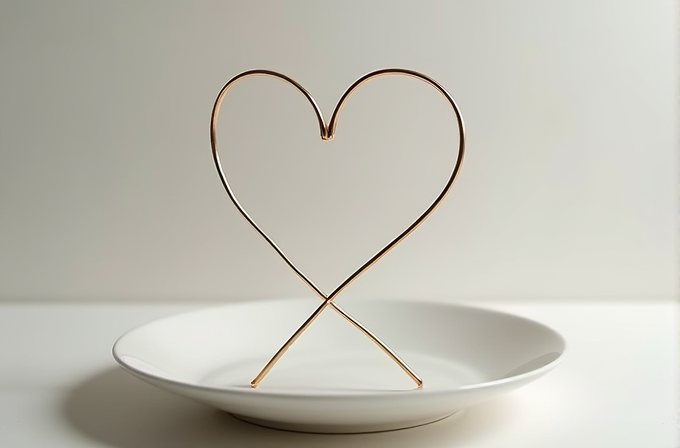 A golden heart-shaped wire sculpture stands elegantly on a plain white plate.