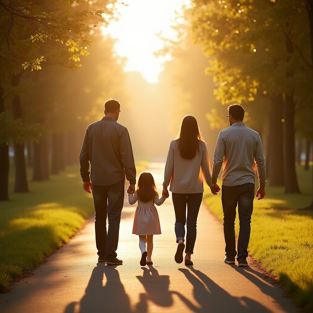 Family walks down a path. Back view shows parents holding hands with their child. Warm sunlight illuminates the scene. Green trees line the path.