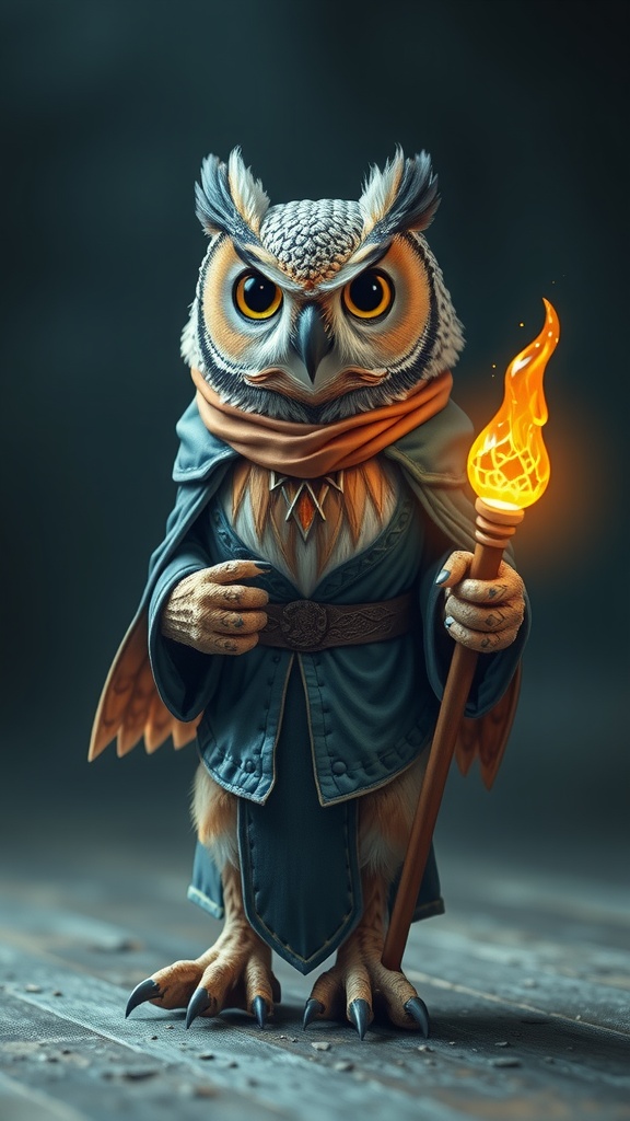 The image depicts an anthropomorphic owl, dressed in a sage-like robe, holding a glowing staff. The owl stands on a wooden floor, exuding an aura of wisdom and mystery. The torch held in its claw illuminates the scene with a warm light, contrasting against the deep, muted colors of the surroundings.