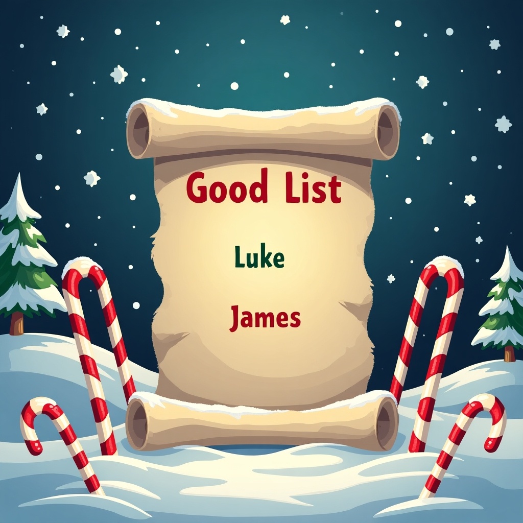 The image depicts Santa's Good List on a scroll set against a snowy background in the North Pole. The scroll features the names 'Luke' and 'James' prominently displayed. Candy canes are scattered around the scroll, enhancing the festive mood. Snowflakes are gently falling, adding to the winter charm. The overall atmosphere is cheerful and magical, perfect for the holiday season.