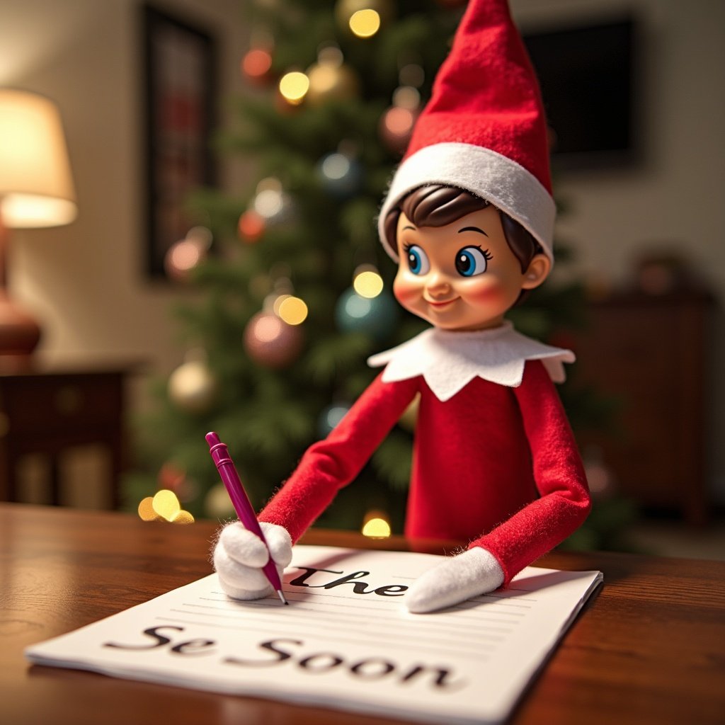 The scene features a cheerful elf on the shelf, dressed in a bright red outfit and a white collar. It is sitting at a wooden table, focused on writing a note. The note reads 'See You Soon Santino, and your baby brother Gio!' The background displays a beautifully lit Christmas tree, adding to the festive atmosphere. The overall setting is warm and inviting, perfect for the holiday season. This image encapsulates the joy of Christmas and the fun traditions associated with it.