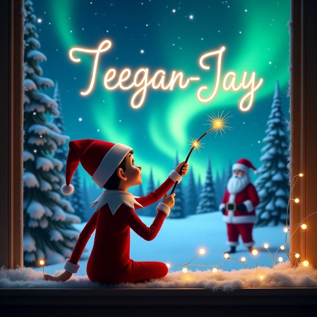 An elf gazes at a night sky. The elf is writing 'Teegan-Jay' in the air with a magic wand. Background includes snow-covered trees and northern lights. Santa Claus appears in the distance. Scene filled with holiday cheer and wonder.