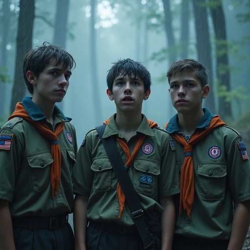 Three boy scouts standing in a misty forest. They are frozen and show fear on their faces. It is raining.