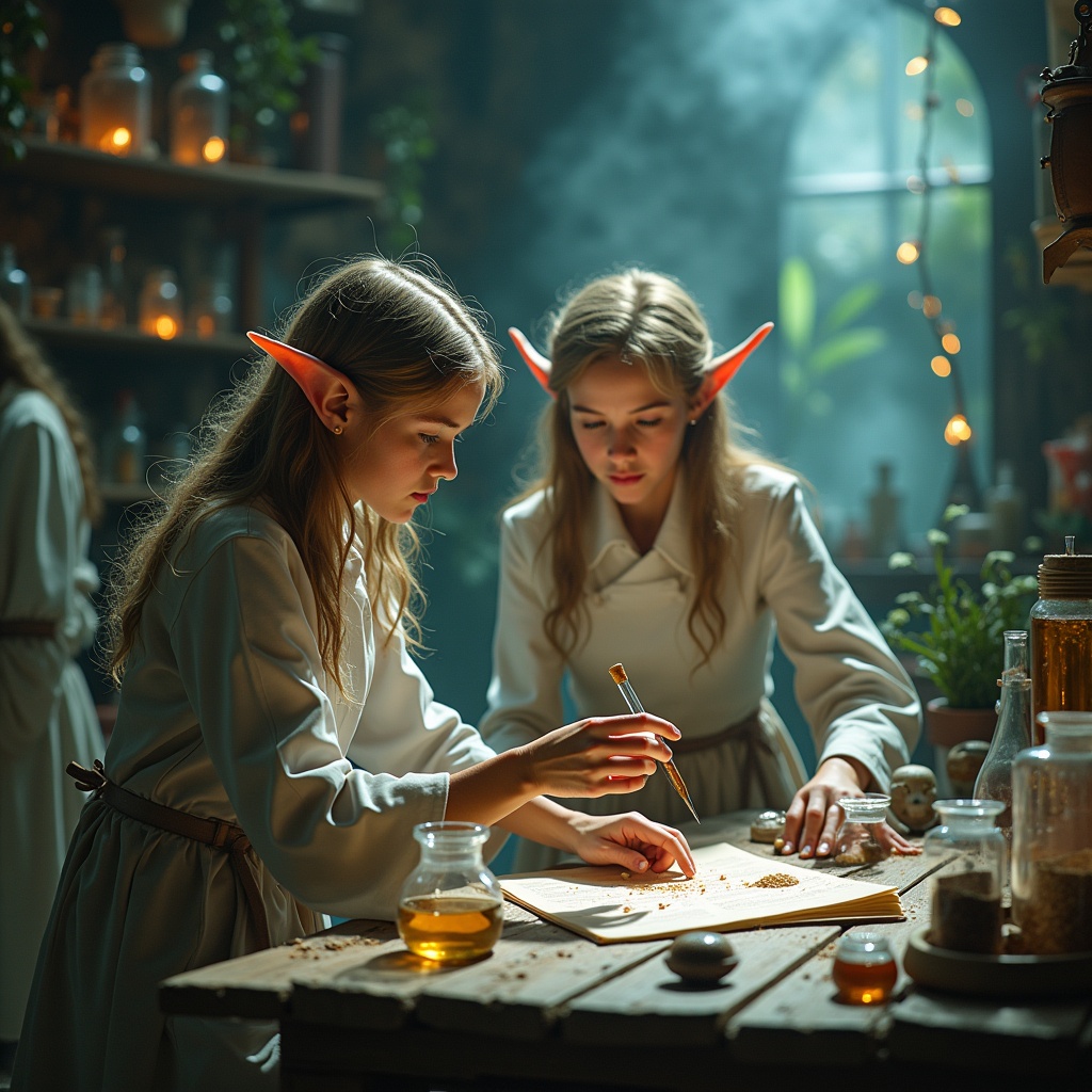 Elves performing scientific experiments in a cozy, magical setting. One elf writes notes while the other prepares materials.