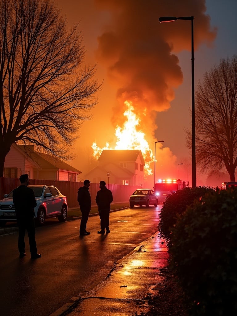 Neighbors gathered outside watching the house engulfed in flames. Firefighters arrive with sirens blaring. Smoke billowing into the sky. Uneasy atmosphere with crackling sounds of fire. Intense heat swaying trees and making embers float. Devastating sight highlighting fire's destructive power.