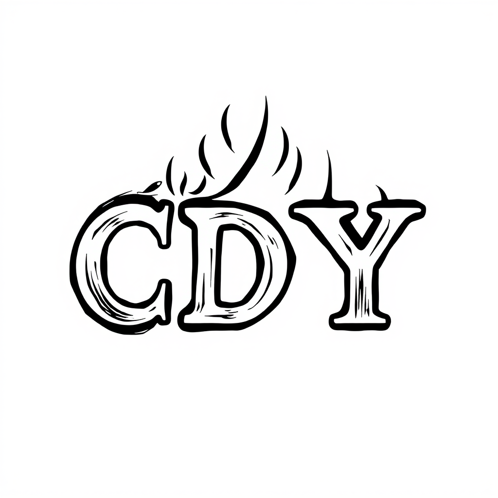 The image displays a stylized artistic representation of the letters 'CDY.' Each letter is crafted with a textured, hand-drawn effect, giving them a rugged appearance. Above and around the letters, there are flames depicted with curving, pointed shapes, suggesting that the letters are either being consumed by or emerging from fire. The background is plain white, which enhances the contrast and visual impact of the black letters and flames.