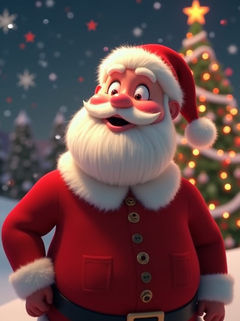 Animated character of Santa Claus with playful expression. Santa in classic red suit with white fur trim. Background with Christmas tree and snowfall. Brightly lit festive scene with glowing decorations. Santa engaged in comedic kissing gesture with exaggerated puckered lips.