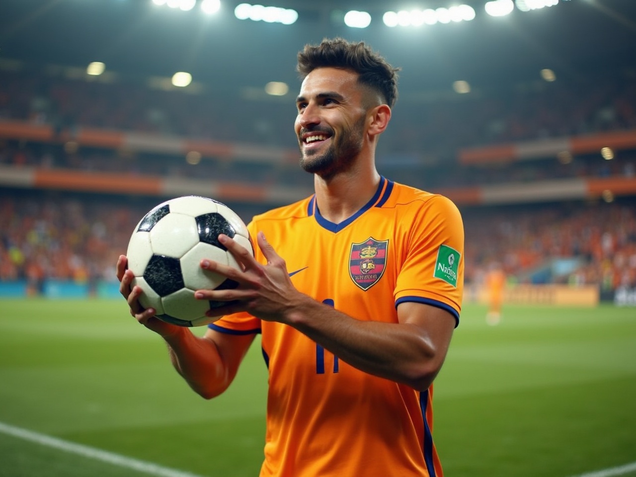 The image captures a soccer player in a vibrant orange jersey holding a soccer ball proudly in an illuminated stadium. The player is beaming with joy, surrounded by the energetic atmosphere of a live soccer match. The background shows a blurred crowd, enhancing the focus on the player's triumphant expression.