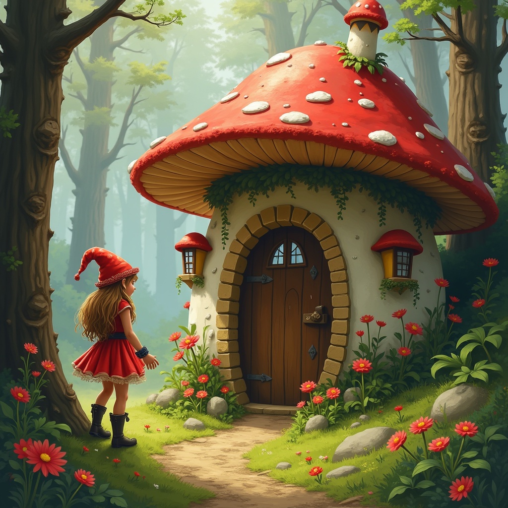 Elf girl in a red dress standing outside a whimsical mushroom house in a forest with flowers