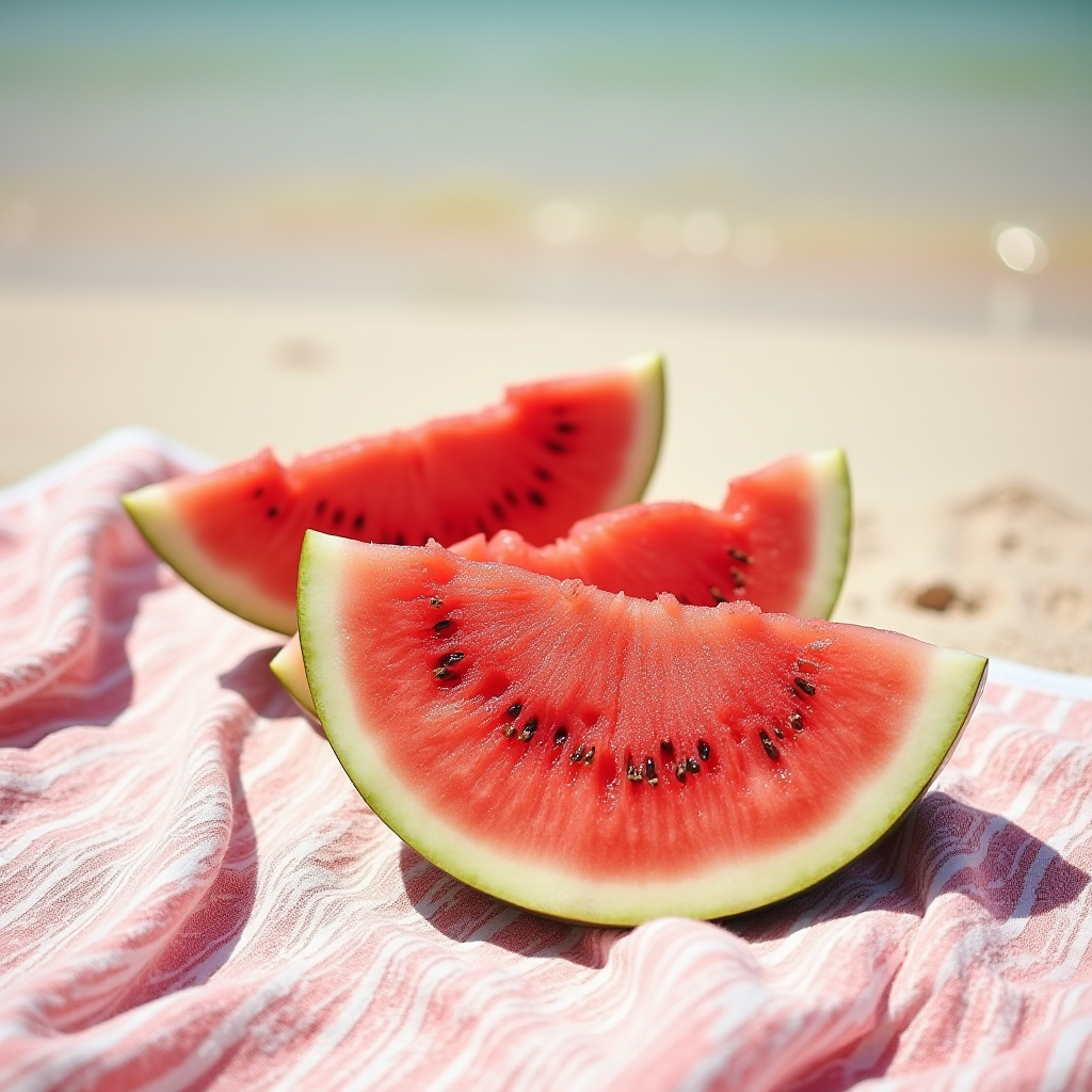 Slices of juicy watermelon rest on a striped fabric near the beach.