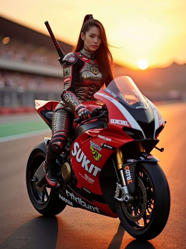 Depict a beautiful Japanese woman wearing ornate samurai armor on a custom MotoGP bike. Sword on her back hints at her warrior spirit. Pose is elegant and commanding, with long hair flowing. Background features a lively racetrack under a golden sunset.