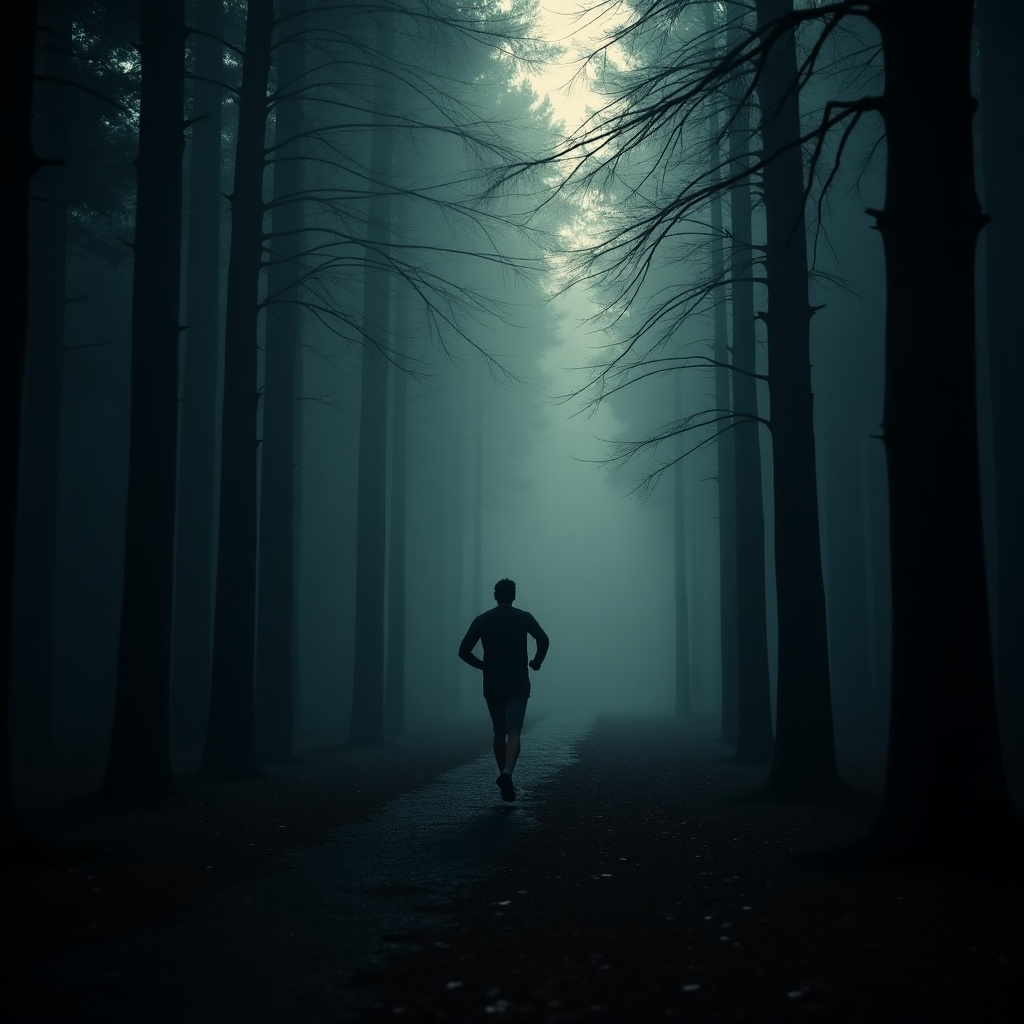 A man is running in a dim, foggy forest. Tall trees loom on either side of a narrow path. The atmosphere is dark and mysterious.