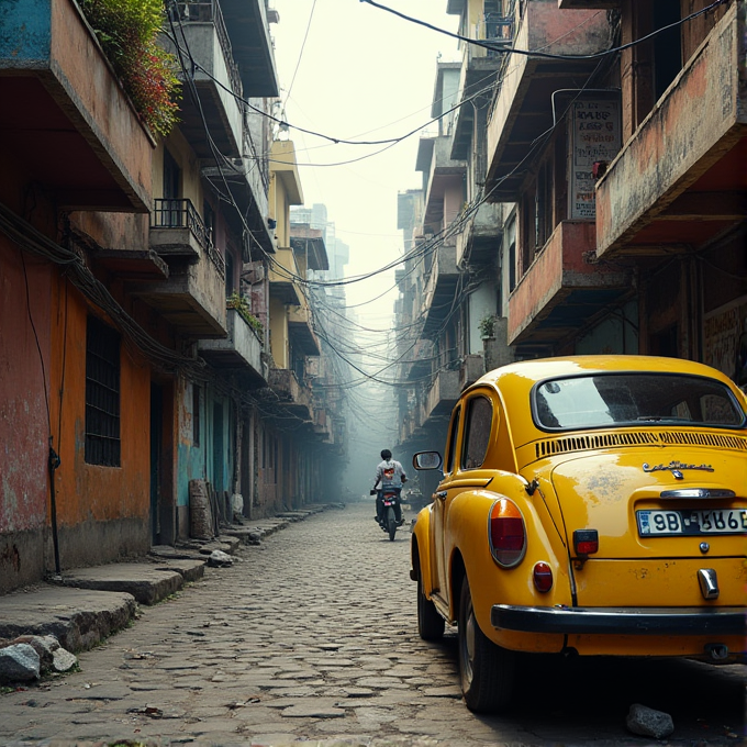 A yellow car is parked on a cobblestone street in a narrow alley with buildings on either side.