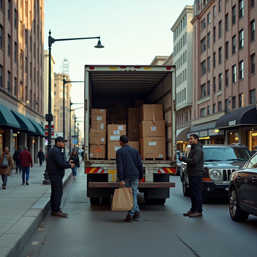 Three men work together to unload packages from a truck on a busy city street.