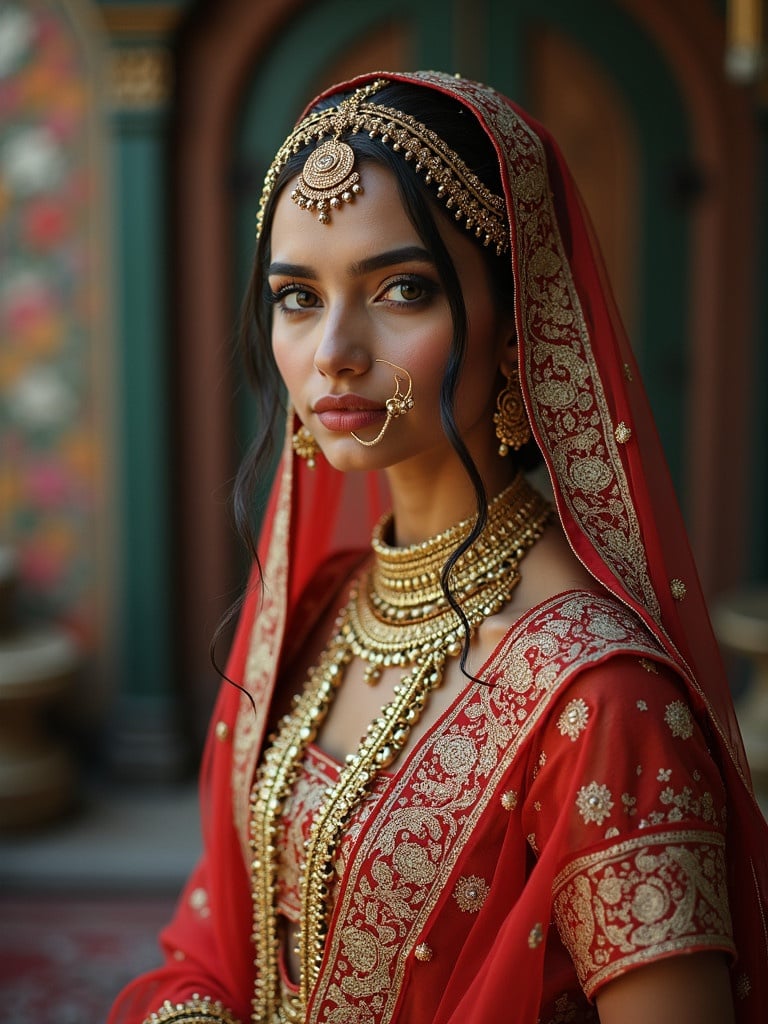 Elegant bride adorned in red and gold traditional attire with intricate jewelry