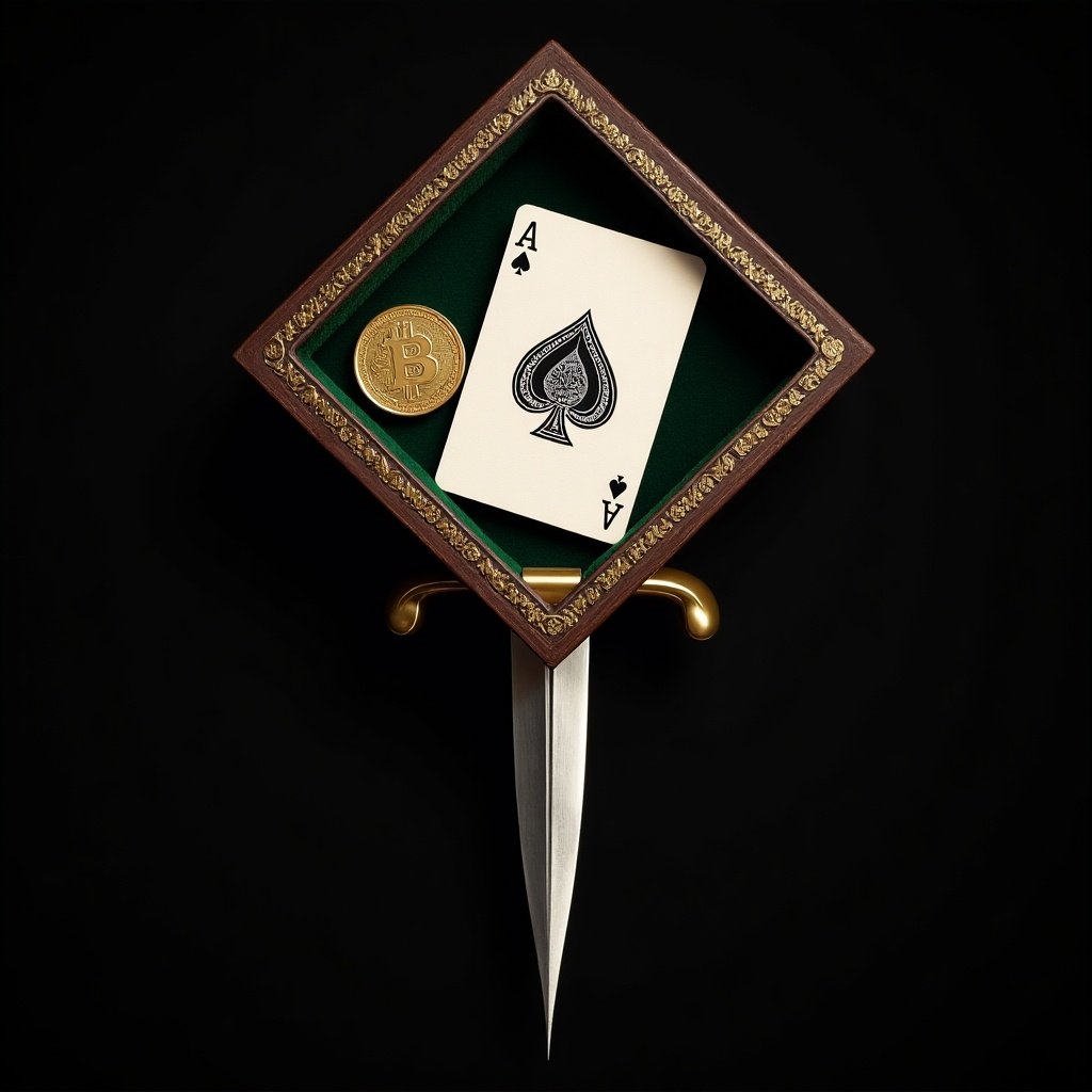 The image features an ornate box resting on a dagger. Inside the box lies an Ace of Spades card along with a shiny gold coin. The backdrop is black, which adds a dramatic effect. The design combines elements of gaming and finance. The gold and green colors give it a luxurious feel. This artistic arrangement represents the intersection of card games and cryptocurrencies. The composition highlights both the card and the coin in a visually striking manner. Ideal for themes around gambling or investment.