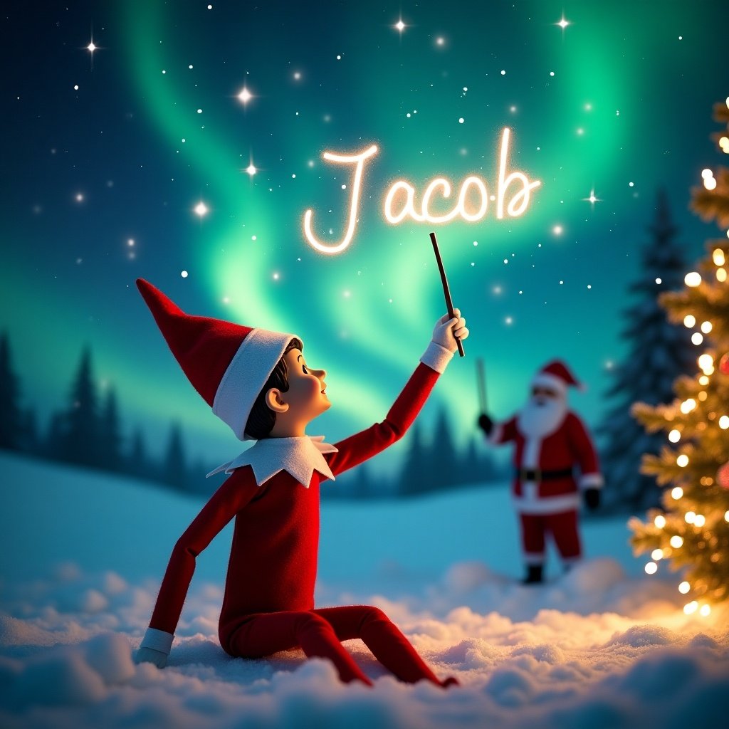 This image features an Elf on the Shelf with his back to the viewer, immersed in the magic of Christmas. The elf, dressed in traditional red and white attire, is joyfully using a wand to write the name 'Jacob' in the starry sky. Behind him, the breathtaking northern lights illuminate the night, accompanied by a silhouette of Santa in the snowy landscape. Twinkling fairy lights and a beautifully decorated Christmas tree contribute to the enchanting scene. This whimsical holiday imagery captures a sense of wonder, joy, and festive spirit, perfect for the Christmas season.