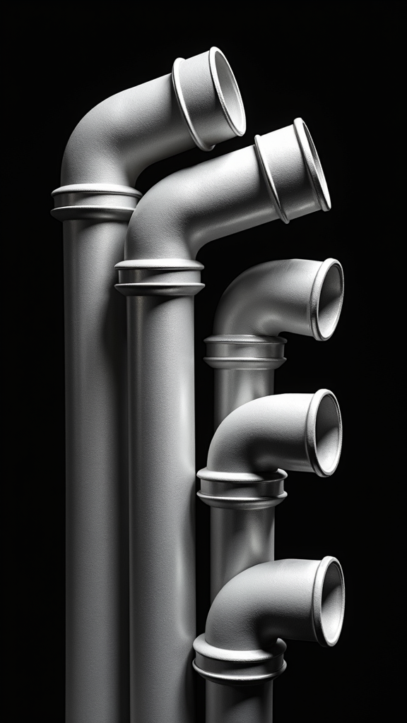 Four silver industrial pipes with curved connectors against a black background, creating a symmetrical and balanced composition.