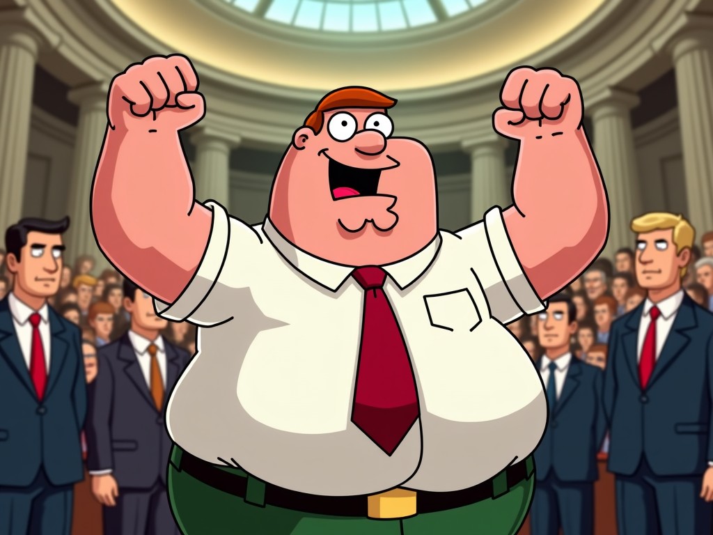 This image features Peter Griffin, a well-known animated character from the show Family Guy. He is seen with a wide grin, raising his fists in excitement. The background consists of a crowd of people, suggesting a public event or courtroom scene. The vibrant colors of his attire draw attention to him, emphasizing his jubilant expression. This character often represents comedic scenarios in an exaggerated manner, appealing to fans of animated television.