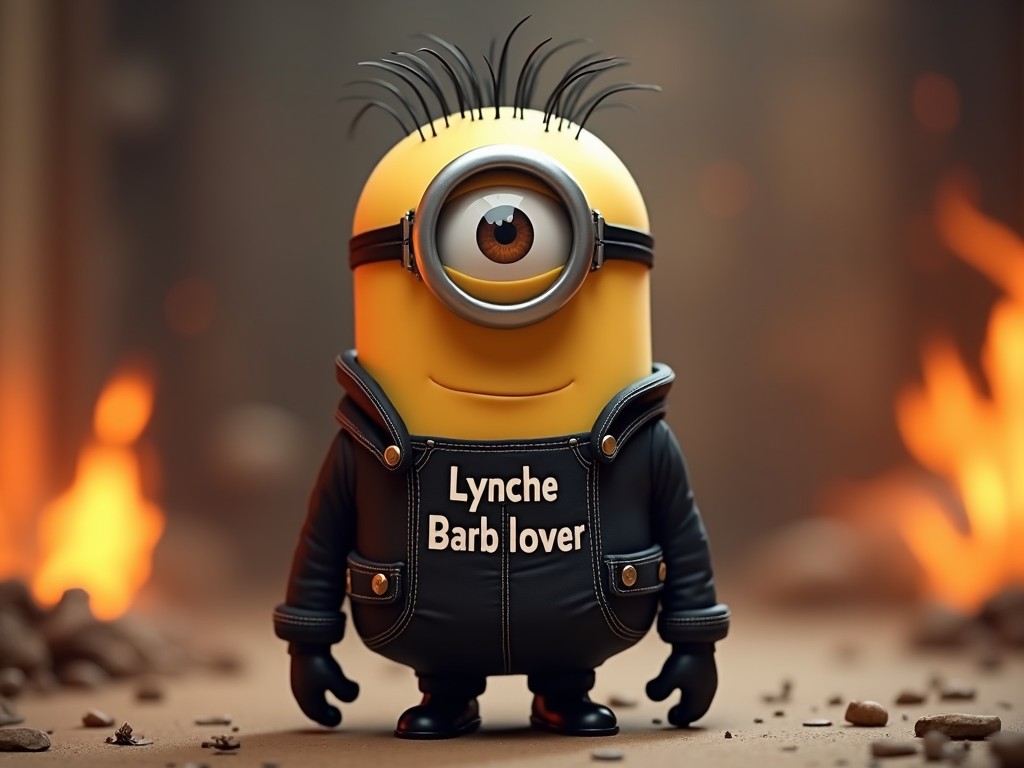 A minion character dressed in a biker outfit with flames in the background, standing confidently and enjoying the moment.