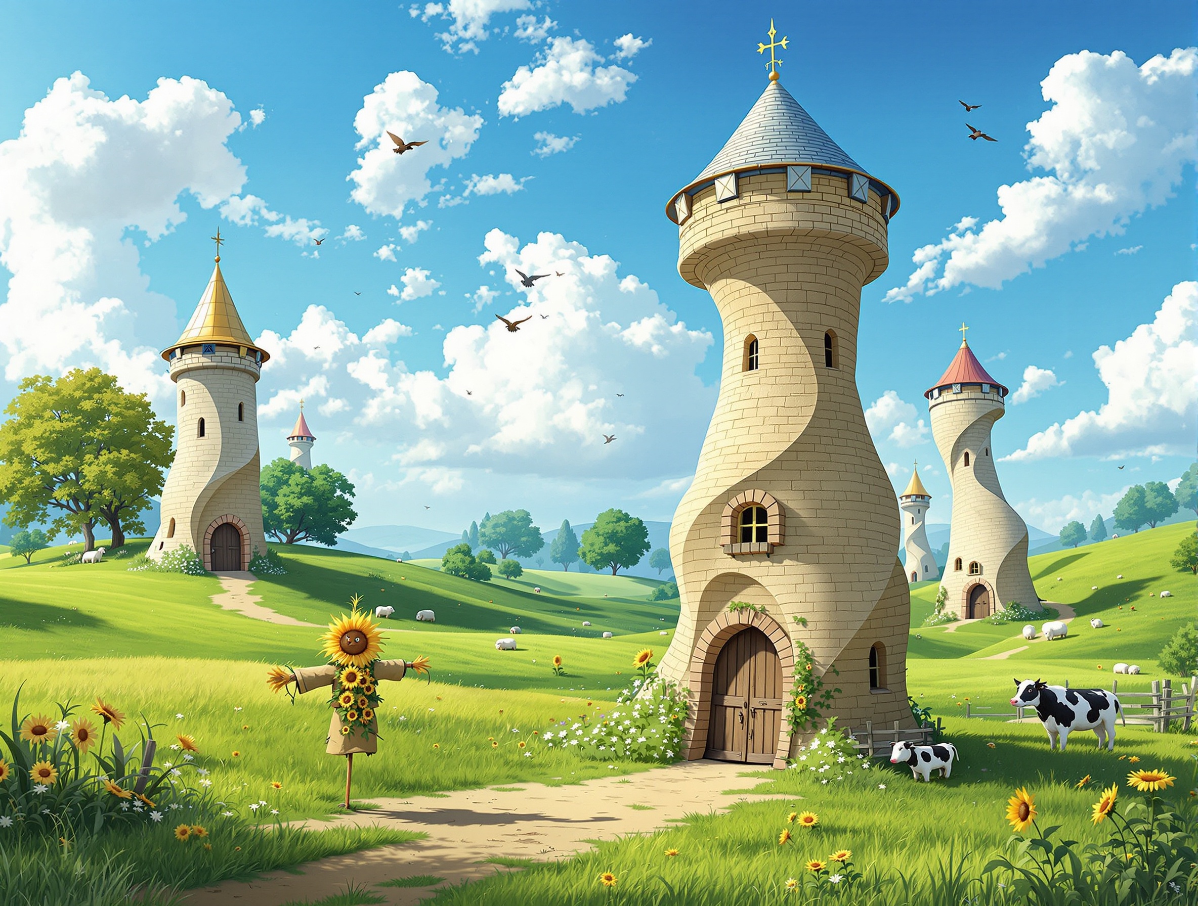 A whimsical landscape featuring tall twisting towers resembling medieval architecture. The scene is set in a lush green countryside. Bright blue sky with scattered clouds. A central tower has an organic shape with small windows and a wooden door. Other towers vary in height and design. A scarecrow decorated with sunflowers is in the foreground. A cow is near the main tower and sheep are grazing. A dirt path leads to the main tower.