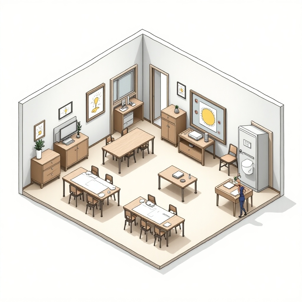 Illustration showing a drafting room with various tables. The room includes furniture such as a teacher's table and drawing tables. There is a toilet room included.