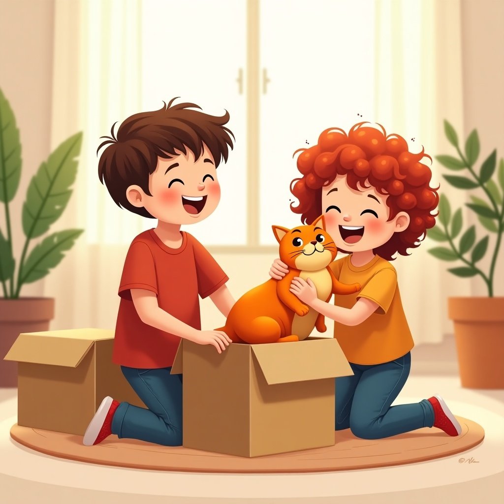 Cheerful cartoon scene of a boy and a girl packing boxes together. Boy has brown hair in a red shirt. Girl has red curly hair in an orange top. Both are smiling joyfully. They hug an orange tabby cat in a cozy room with soft light and plants.