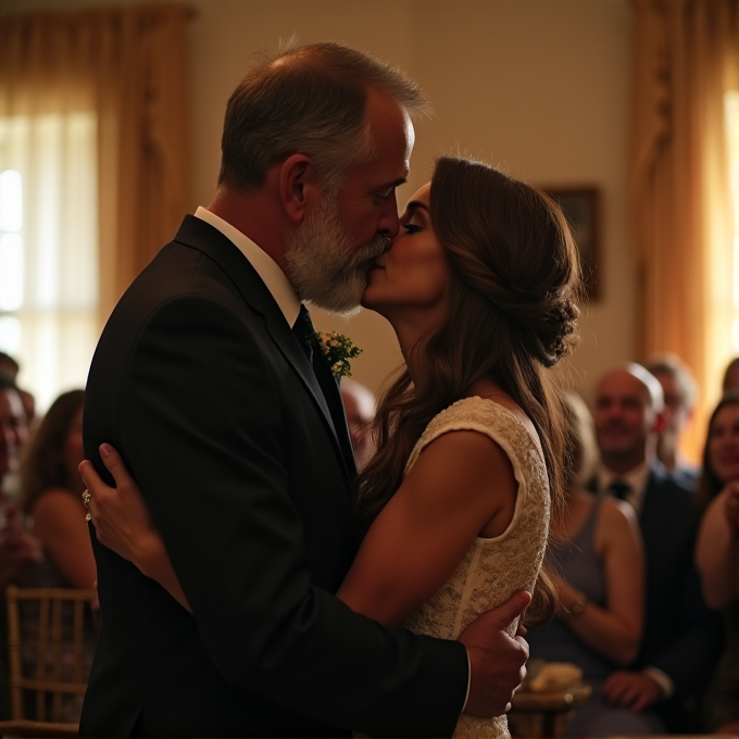 A couple shares a loving kiss at a wedding ceremony, surrounded by smiling guests.