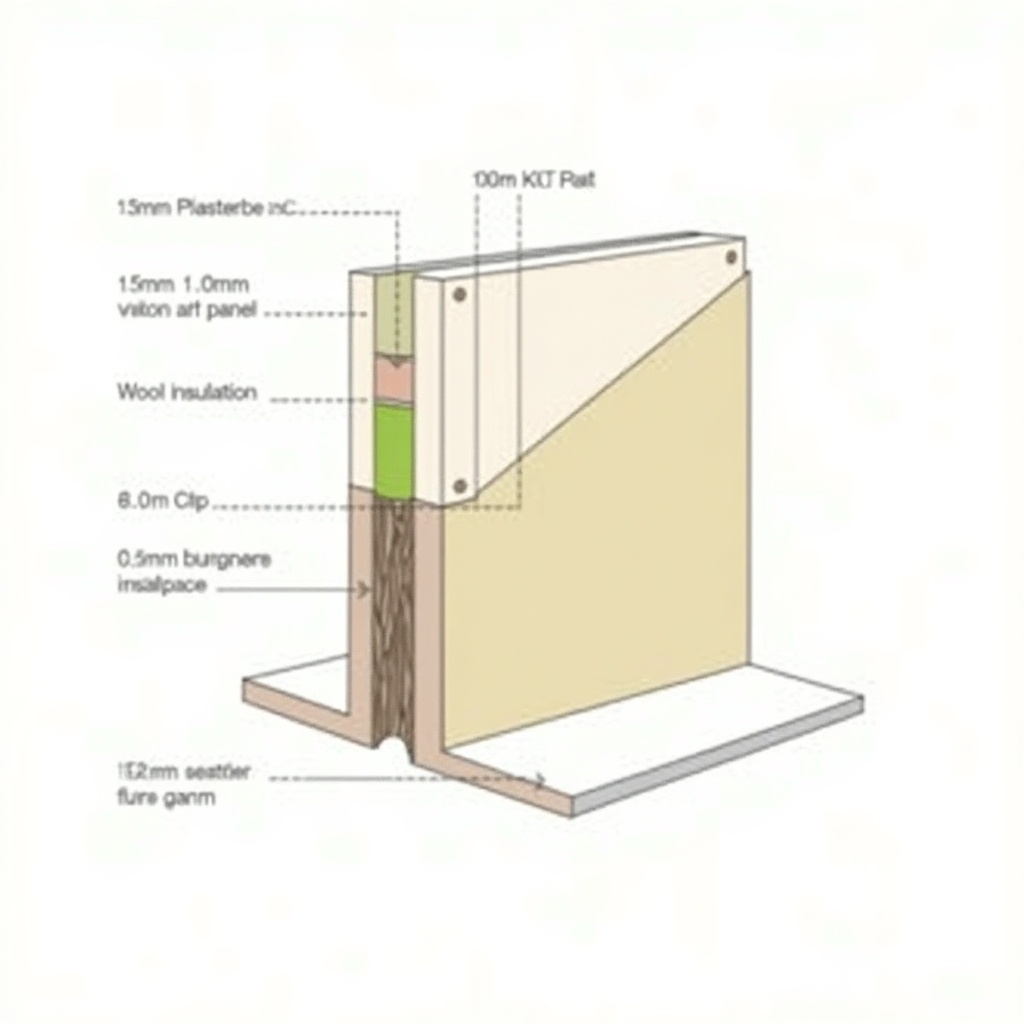 Simplified 2D cross-section drawing of a wall showing different layers such as plasterboard, vapour barrier, CLT panel, wool insulation, air tightness membrane, wood fibreboard insulation, breather membrane, and recycled wood cladding.