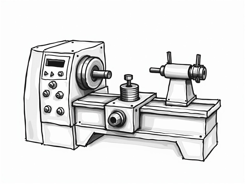 The image depicts a simplified engineering sketch of a lathe machine, designed with clear lines and minimal detail. The lathe is shown from the side, highlighting its basic components such as the motor, chuck, and tool post. It captures the essential features necessary for understanding lathe operation without any realistic shading or colors. The outer edges are defined crisply to ensure clarity. Measurement tools like calipers and a micrometer hint at the precision aspect of machining while remaining part of the illustration. The overall style should reflect a 2D technical drawing used for educational purposes.