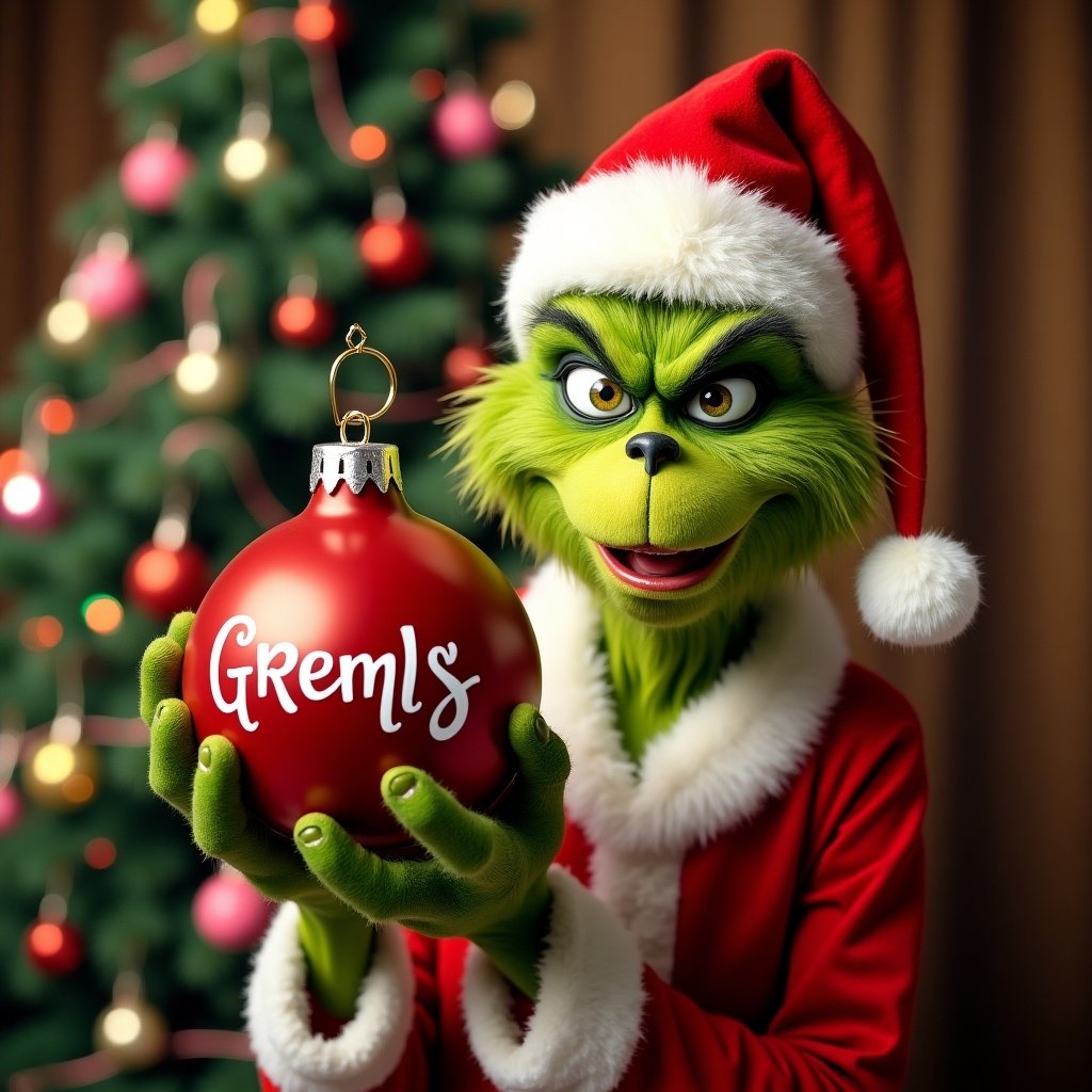 A character holds an ornament with Greens Family. Background features a Christmas tree. Character dressed in a Santa outfit.