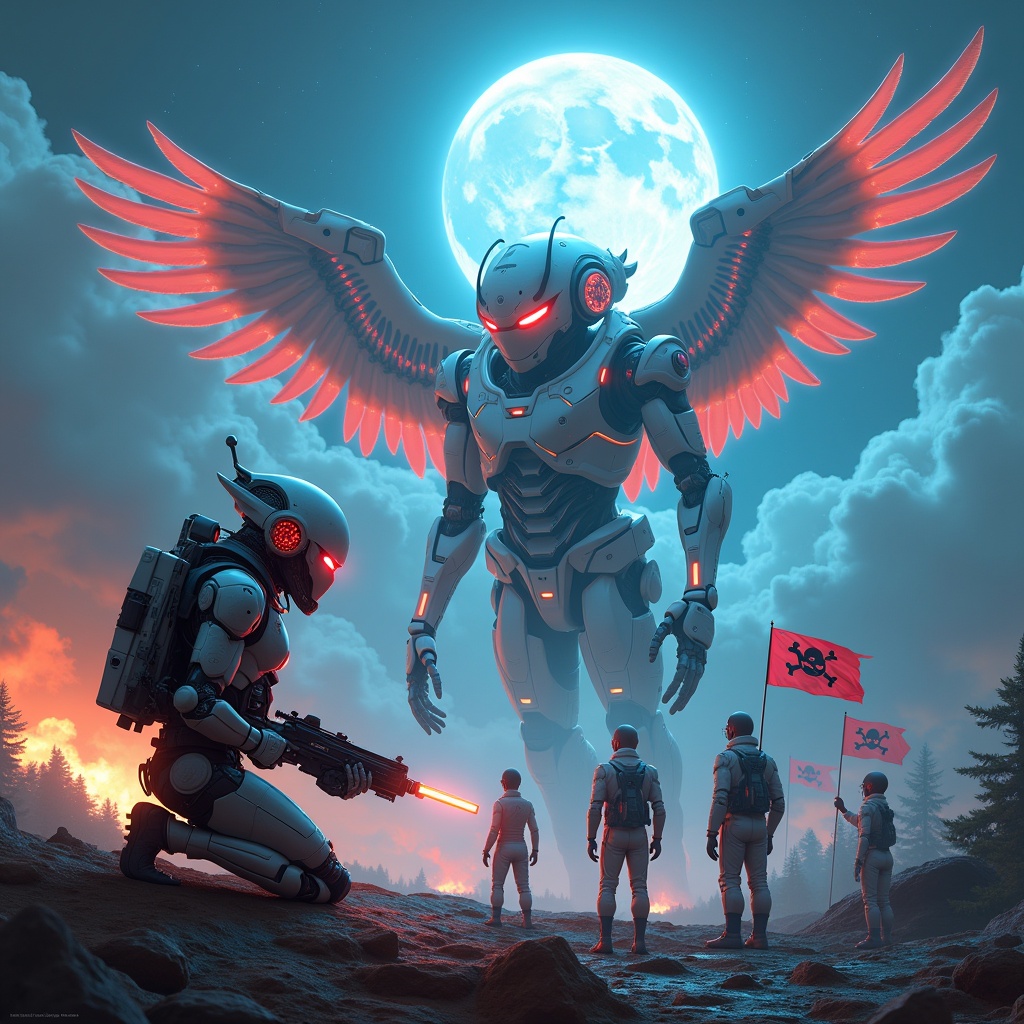 Futuristic cyborg with holographic interfaces. Sleek metallic design with illuminated red eyes. Backdrop of binary code. Action sequence featuring a robot soldier in red armor. Baby commander riding a massive eagle robot. Dramatic scene under a full moon with glowing wings. Colossal cosmic energy figure towers over dark landscape. Light contrasts in blue and red. Setting evokes excitement and imagination.