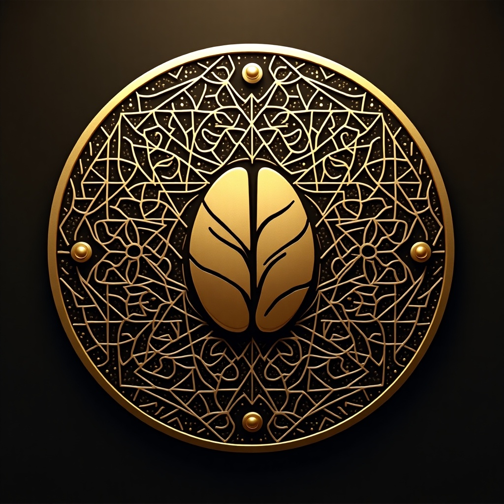 This image showcases a beautifully crafted crypto coin featuring a coffee bean at its center. The coin's design is intricately detailed, capturing the essence of both coffee culture and cryptocurrency. Surrounding the coffee bean are ornate patterns that enhance its aesthetic appeal. The use of gold against a dark background adds a luxurious touch. This design could serve as a unique representation of a coffee-themed digital currency.