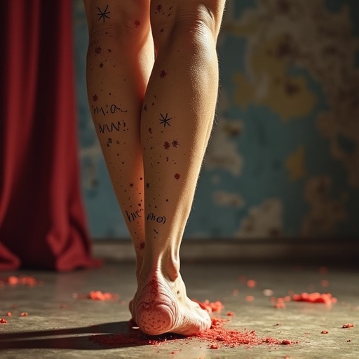 Sally Stageplay character from Cuphead in dramatic setting. Focus on soles of bare feet. Leg tattoos and red splatter on ground. Background features dilapidated wall with muted tones. Evokes sense of artistry and performance.