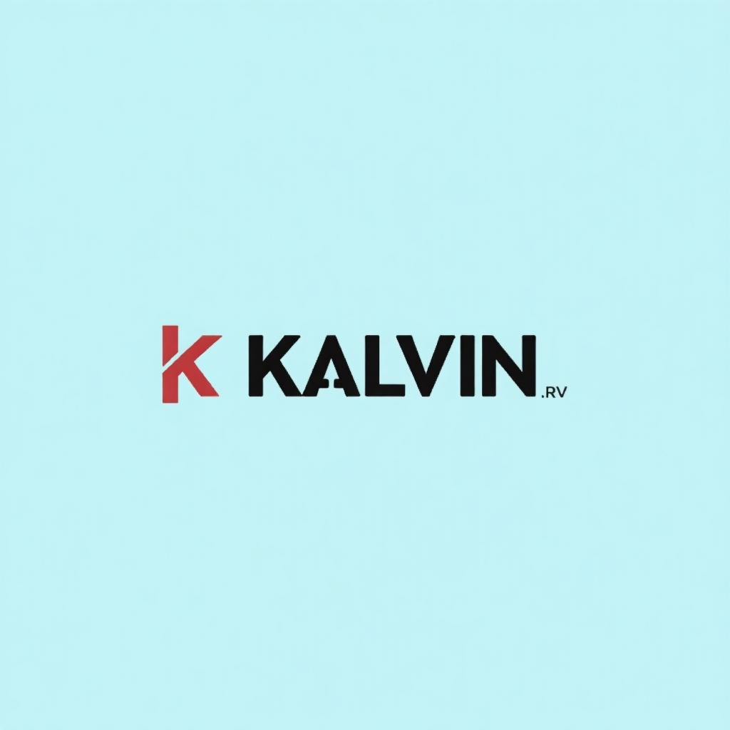 The image features a stylish logo of 'KALVIN' prominently displayed against a pale blue background. The logo is designed with a combination of red and black colors, creating a striking visual contrast. The letter 'K' is stylized, enhancing the overall modern aesthetic of the logo. The background is a soft and calming pale blue, which serves to highlight the logo effectively. Overall, the design is minimalistic yet impactful, making it suitable for various branding applications.