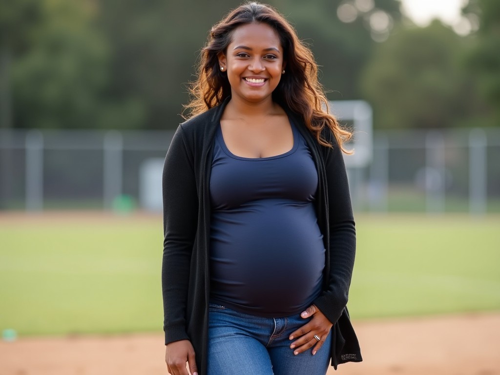 The image showcases a pregnant woman standing confidently outdoors. She is smiling and appears to be enjoying the moment. The background features a softly blurred grassy field, indicating a relaxed setting. Her casual outfit includes a fitted dark top and denim jeans. The warm lighting adds a pleasant glow, accentuating her joyful expression.