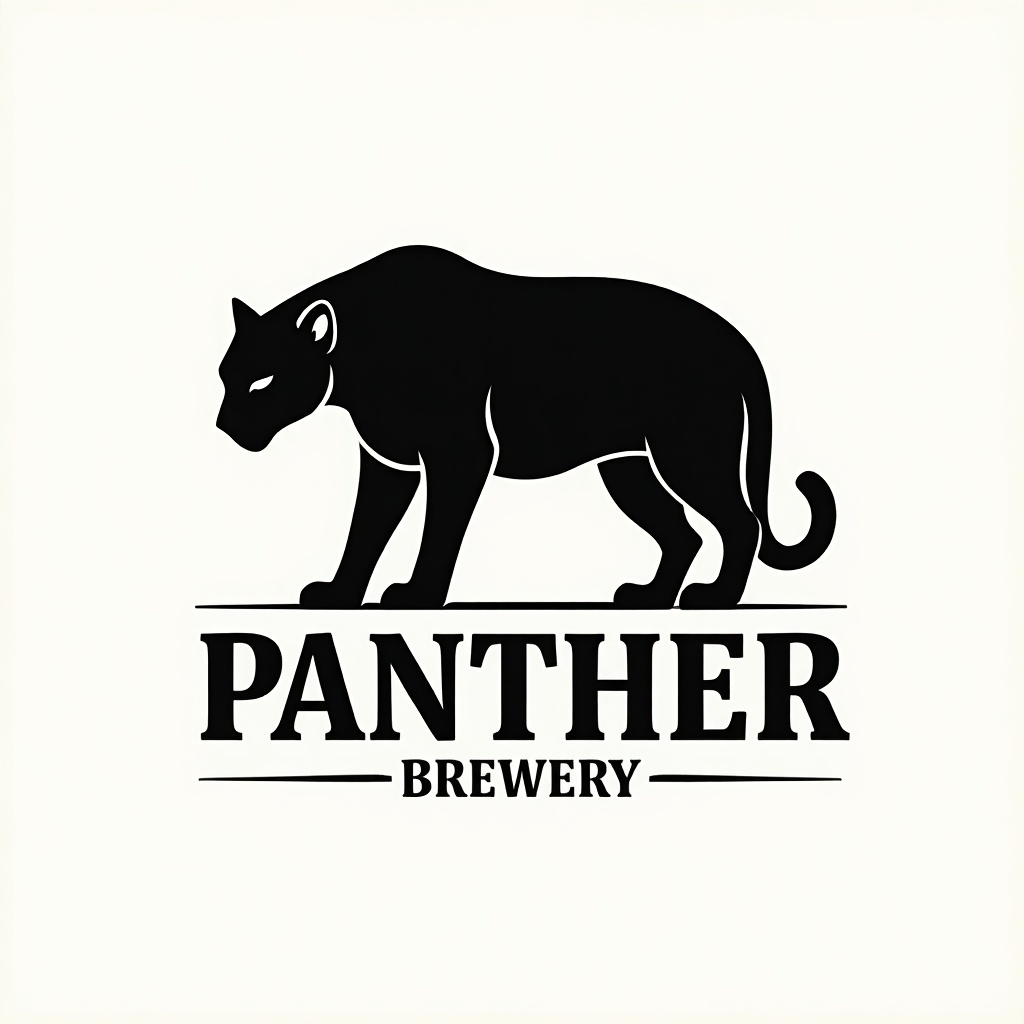 Vector logo featuring a silhouette of a black panther. Simple shapes and lines create a minimalist design in black and white. The words 'Panther Brewery' are included in a modern sans serif typeface, suitable for a craft beer bottle label for a trendy brewery.