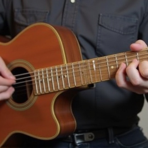 Image from over-the-shoulder view of a guitarist. Focus on the fretboard and strumming hand. Highlights the guitar neck. Captures a tutorial perspective. Helps learners visualize guitar techniques.