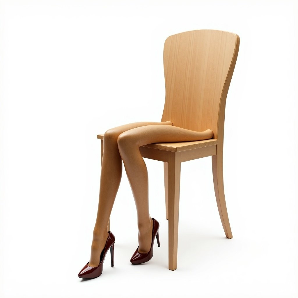 Hyper-realistic wooden chair transformed into lady legs wearing wooden high heels. Legs are sculpted in detail with wood texture. The entire chair has a cohesive wooden design. Bright white background highlights the transformation.