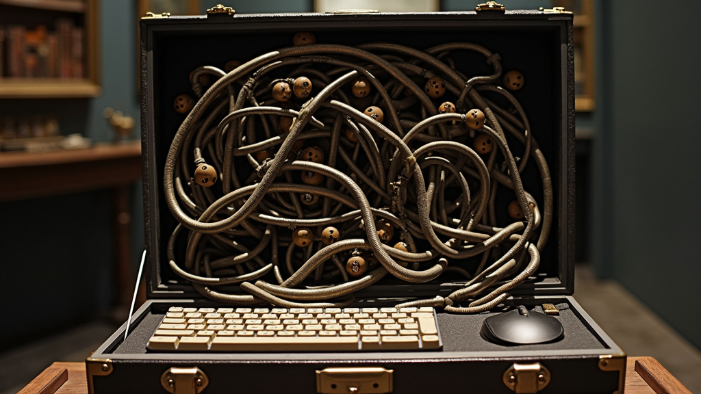 A briefcase opens to reveal a jumble of cords and a keyboard inside.