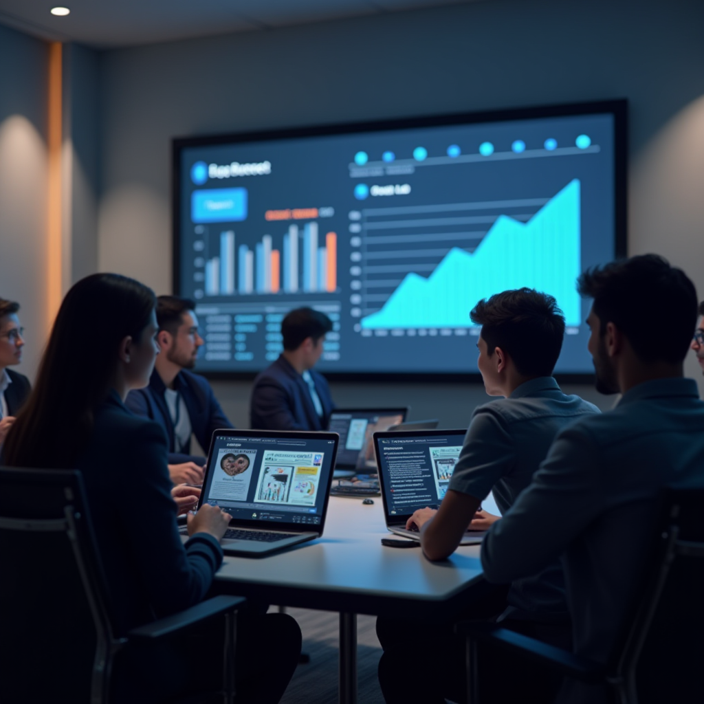 People sit at a table with laptops, viewing charts and graphs on a large screen.