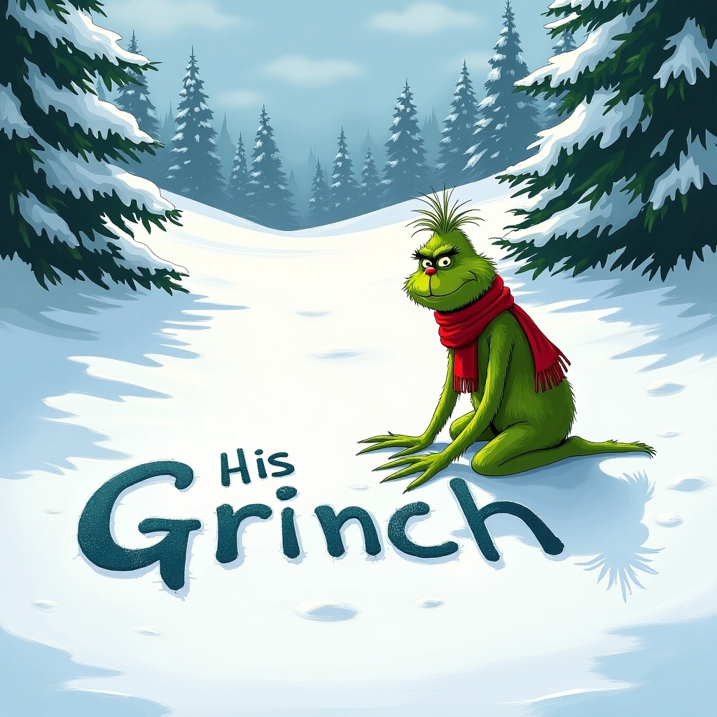 The Grinch writes name in snow. Scene has snow-covered hills. Evergreen trees surround the area. The Grinch is green. He wears a red scarf.