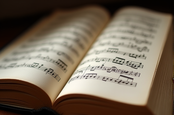 An open book displaying musical notation on its pages.