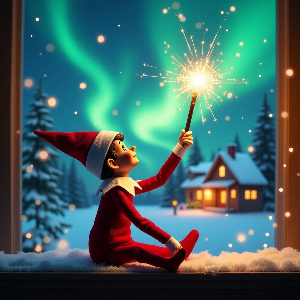 The image features an elf on the shelf who sits with its back to the viewer, gazing skyward in wonder. It holds a glowing wand that emits a shower of sparkling light. The enchanting background showcases a picturesque Christmas scene, highlighted by colorful northern lights swirling across the sky. In the distance, a cozy house is festively decorated for the holidays. The snow-covered ground enhances the winter atmosphere, evoking a sense of holiday cheer. The elf’s playful posture embodies the magic and wonder of Christmas, and the words 'Fionn, see you soon' are magically written in the air with the wand.