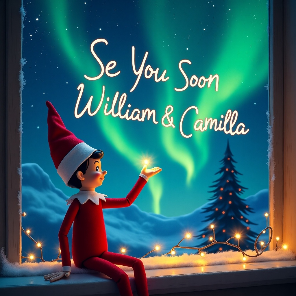 The scene features a whimsical elf on the shelf sitting on a window sill. The elf is dressed in traditional red and white, gazing out at a stunning display of the Northern Lights in the sky. Above, in the vibrant colors of the aurora, the words 'See You Soon William & Camilla' are written in a playful font. A Christmas tree decorated with lights can be seen in the background. The window has a snowy trim, creating a cozy holiday atmosphere.