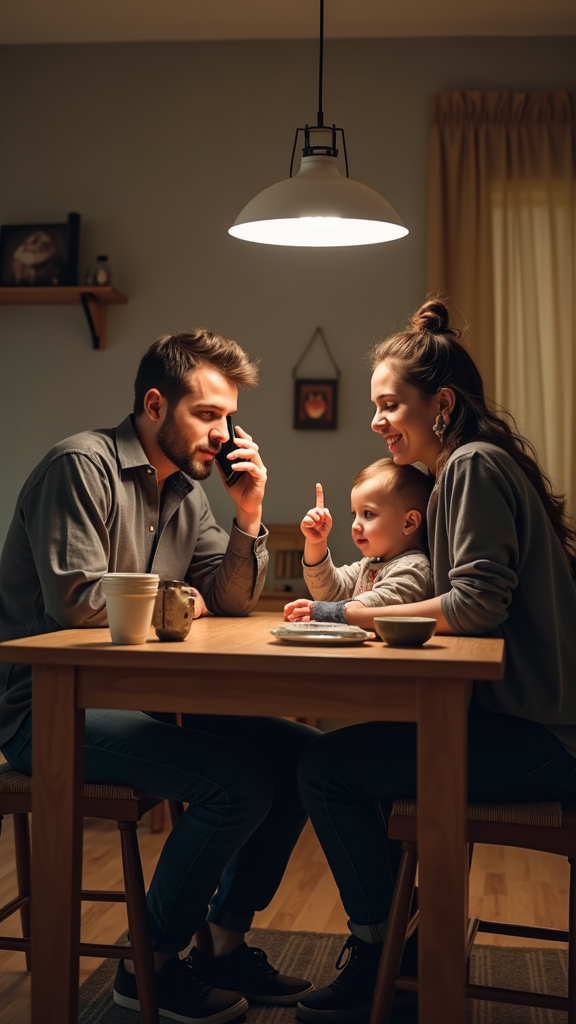 A cozy family gathering at a dining table, warmly lit by a pendant lamp, with a man talking on the phone, a woman smiling at a toddler, in a softly decorated room.