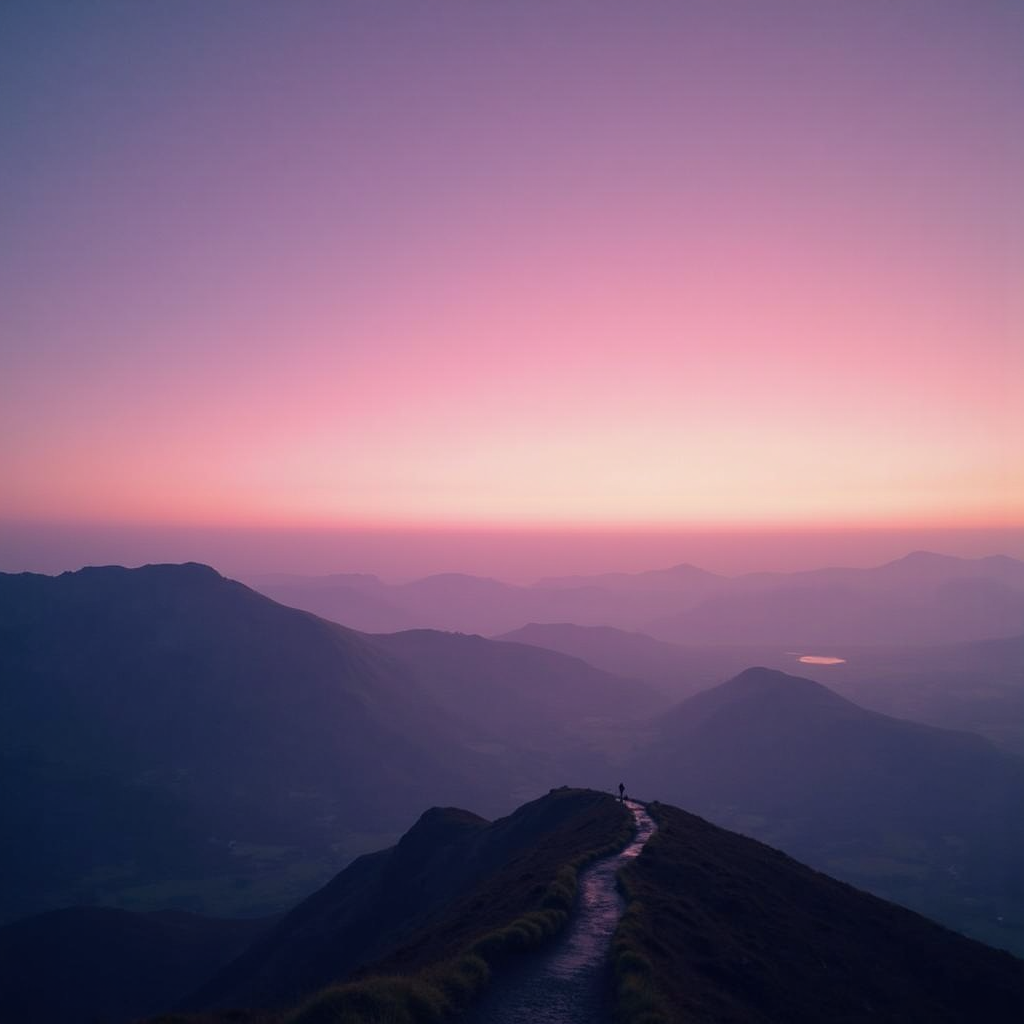 A picturesque sunrise casts a pink and purple hue over a winding mountain path and distant peaks.