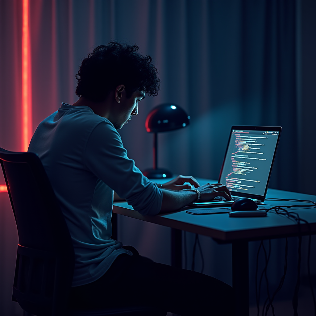 A person is focused on writing code on a laptop at a dimly lit desk.