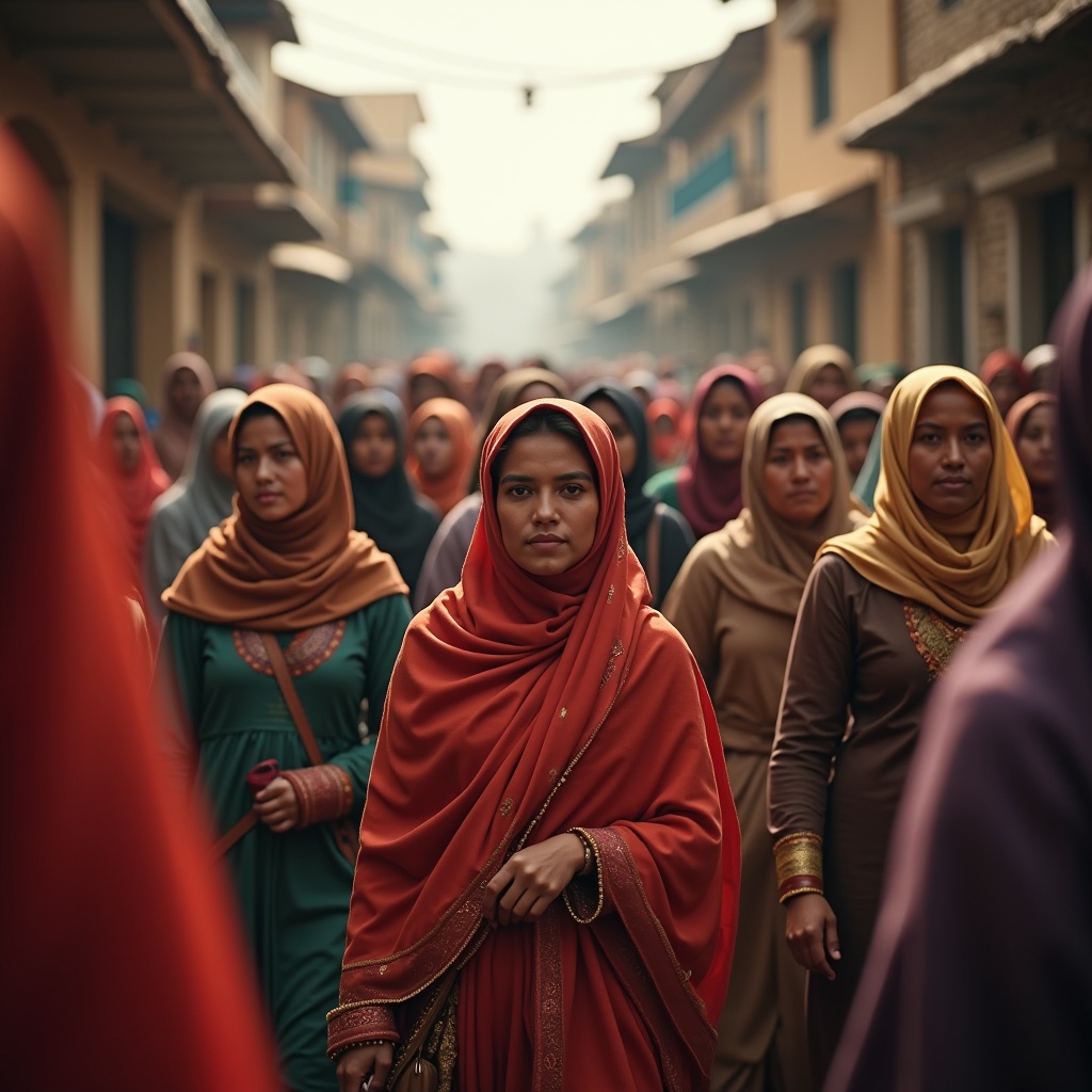 Crowd of individuals walking in traditional attire through narrow street. Warm and inviting atmosphere present. Headscarves worn by some individuals. Captures cultural significance and community feeling.