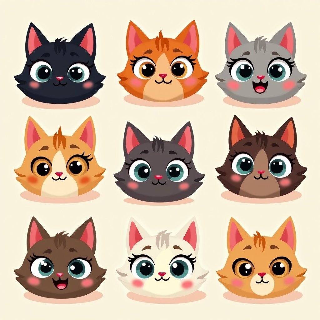 Adorable cartoon cat faces with big eyes. Various shades include black, brown, tan, and grey. Each face shows unique playful expression. Design style is cute and cartoonish. Vibrant colors and soft shading. Simple light background. Characters exude joy and love for pets. Overall feel is warm and cheerful.